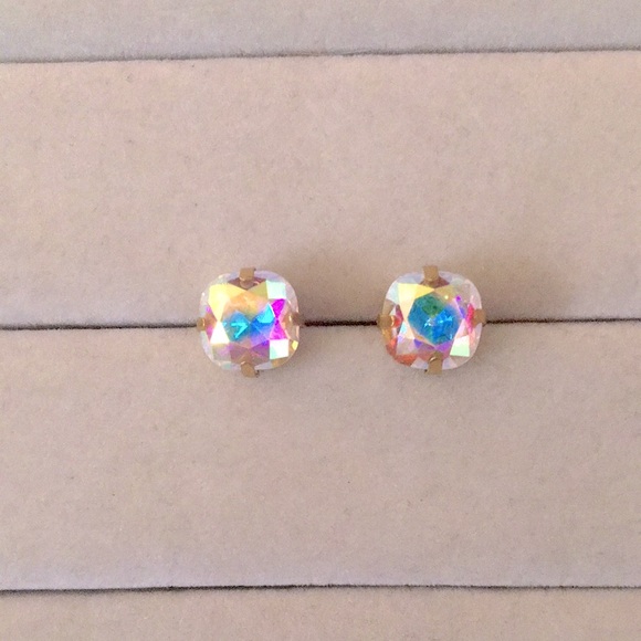 Aurora Borealis + Brass Cushion Cut Crystal Earrings - Picture 7 of 9